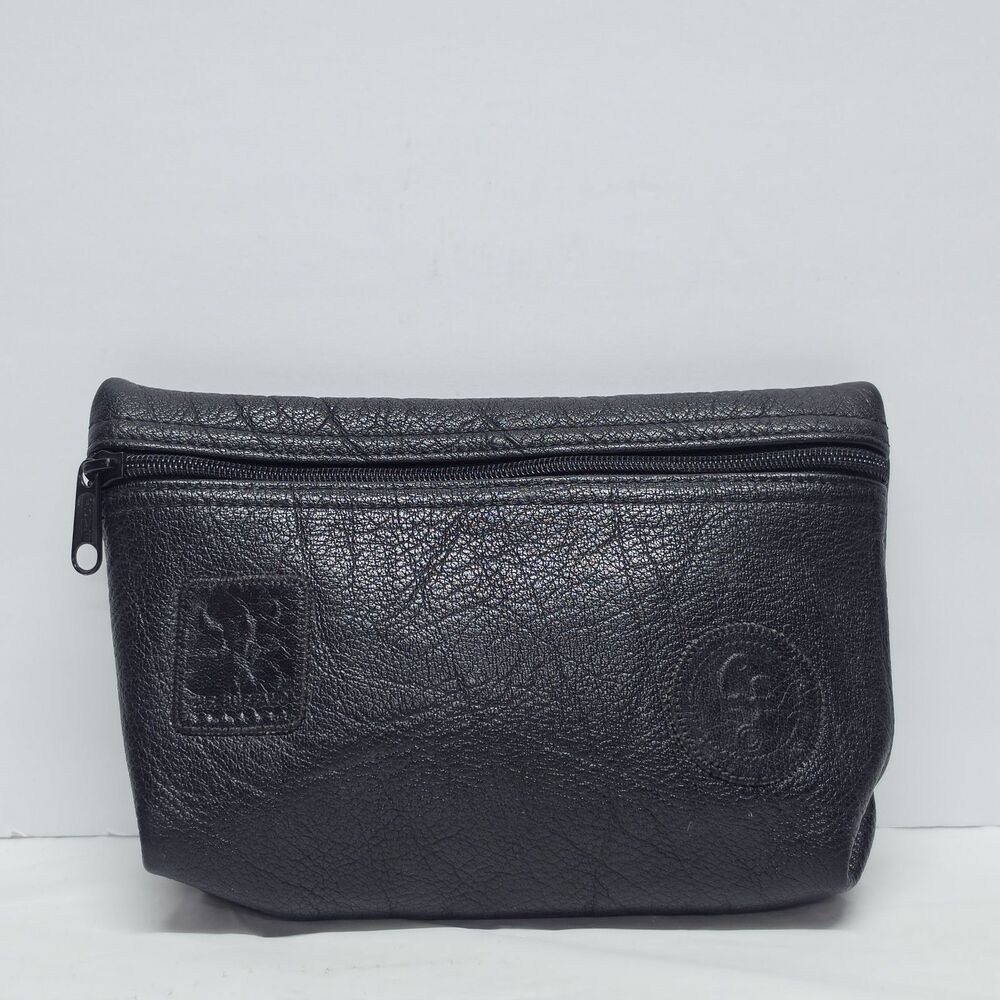 Vintage Carlos Falchi The Buffalo Black Leather Zip Pouch Travel Cosmetic Bag